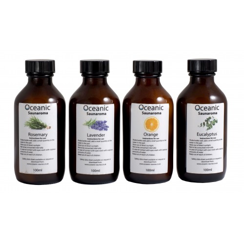 Sauna Fragrances 4 x 100ml Bottles  (Rosemary, Lavender, Orange, Eucalyptus)