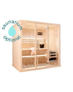 3 person Home Finnish Sauna
Model: 2030
Layout: A
Cladding: Spruce
Glass: Clear 
Bench Kit: Abachi 

Loyly Accessories 
Warm White Accent Lighting
Sauna Seat Cover